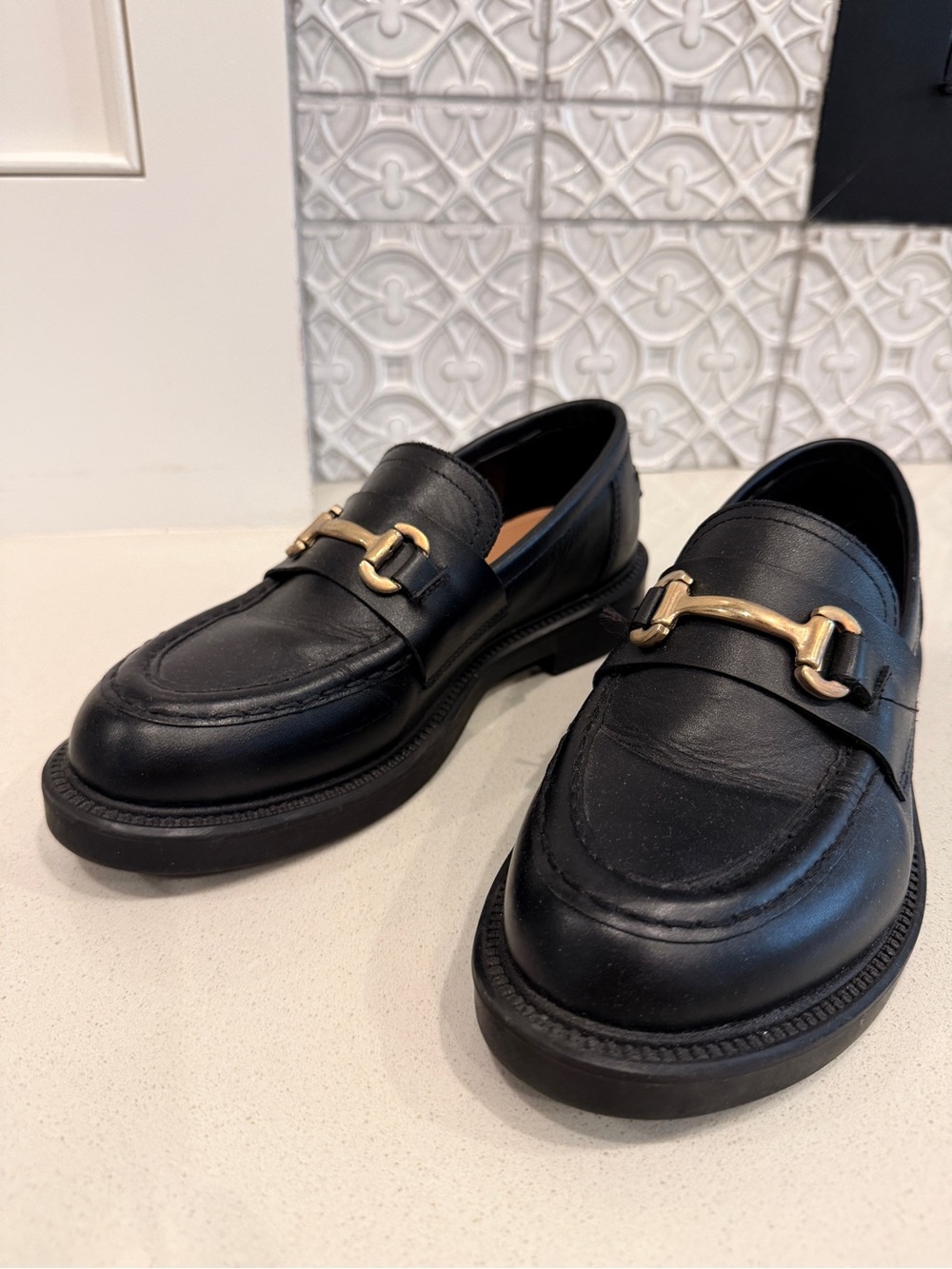 Blondo Black Leather Loafers with Gold Buckle- Waterproof